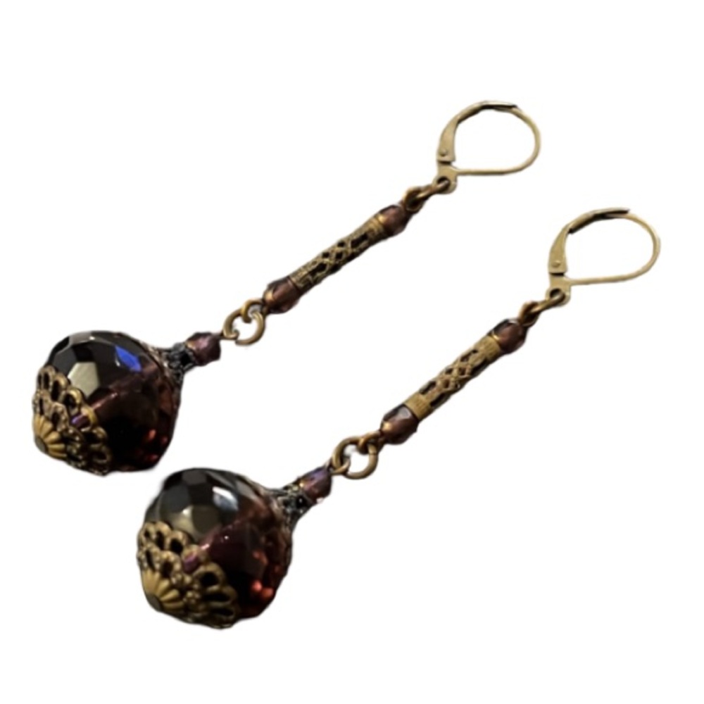 Antique Art Nouveau Bronze Filagree Purple Czech Glass Beaded Drop Earrings - Picture 5 of 15